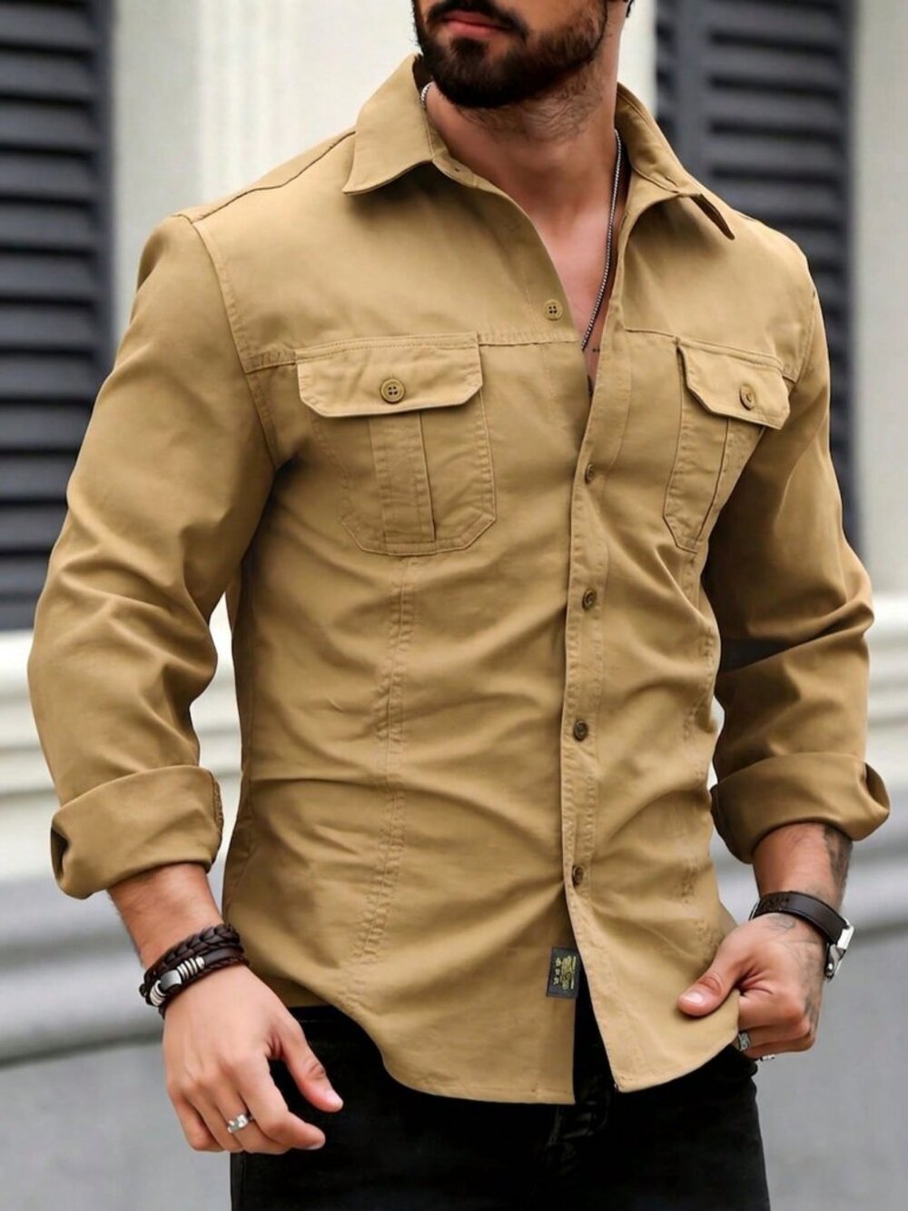 Khaki Casual Men's Military Style Casual Long Sleeve Button-Down Shirt